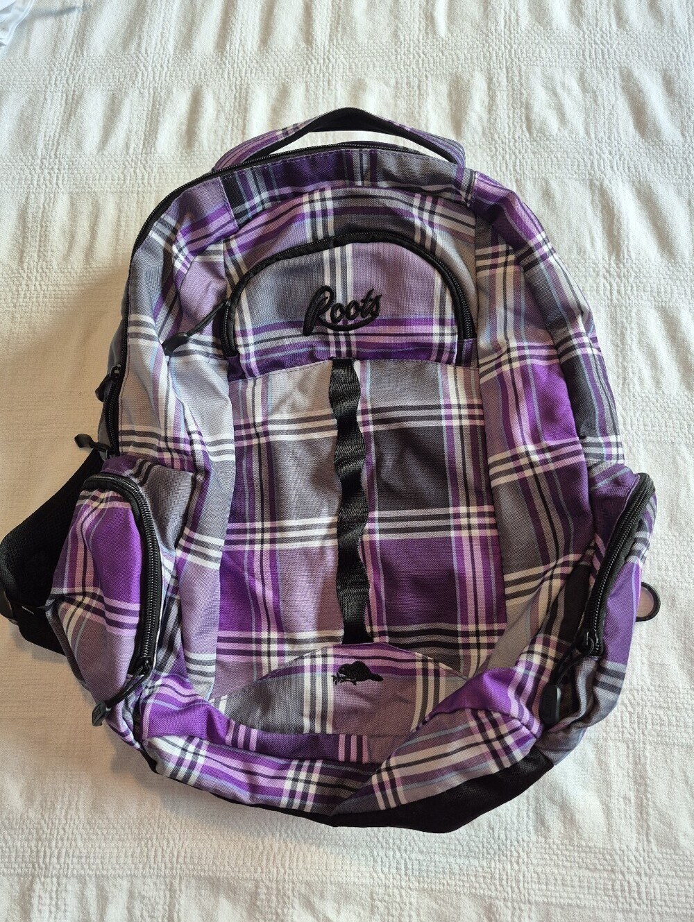 Roots purple & gray plaid backpack, all zippers work well VGUC